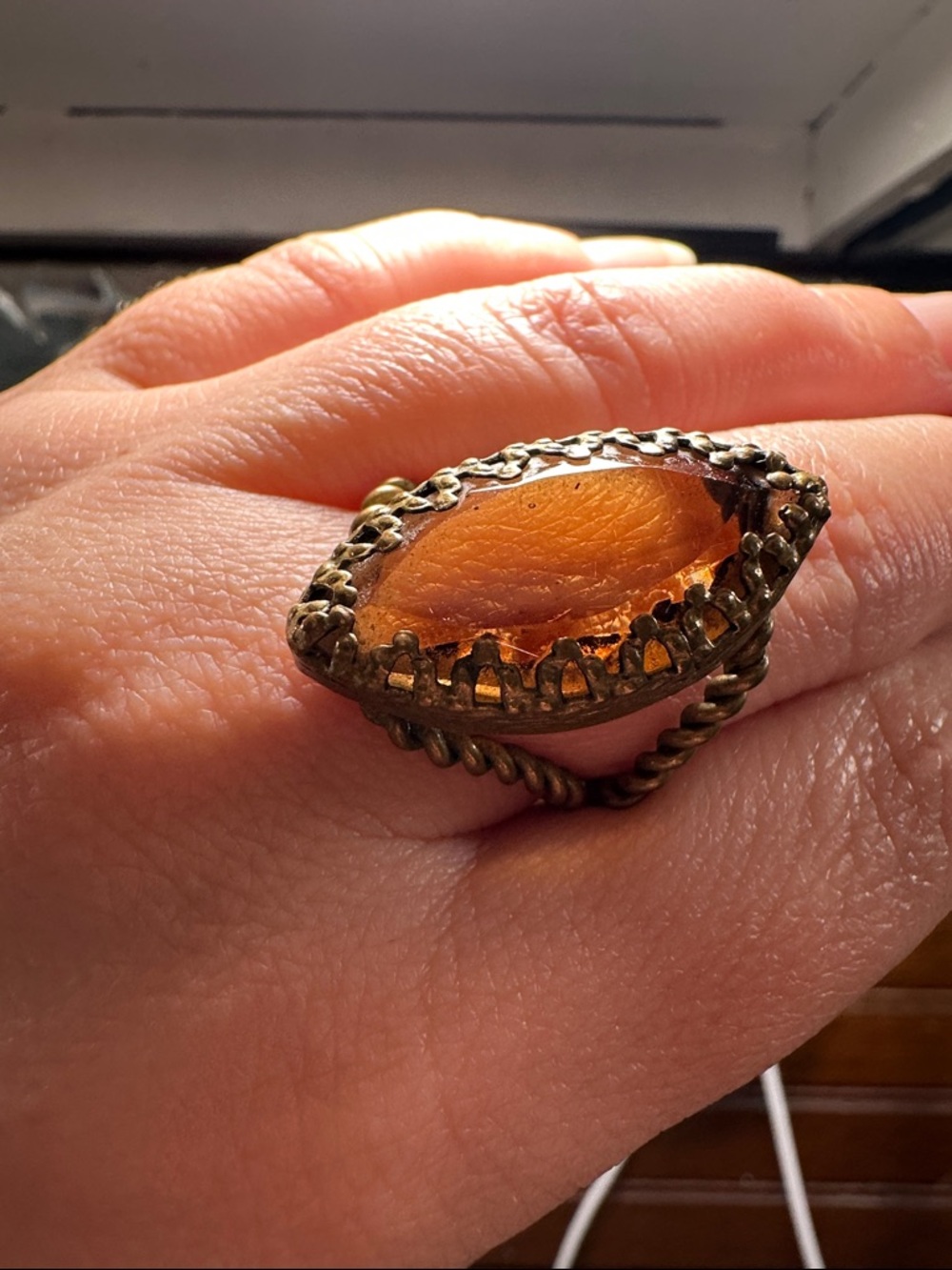 Handcrafted Amber Marquise Ring - Gold-Tone Setting